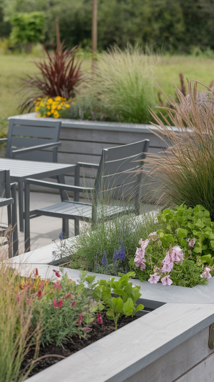 A modern outdoor living room with built-in planter seating and colorful plants.