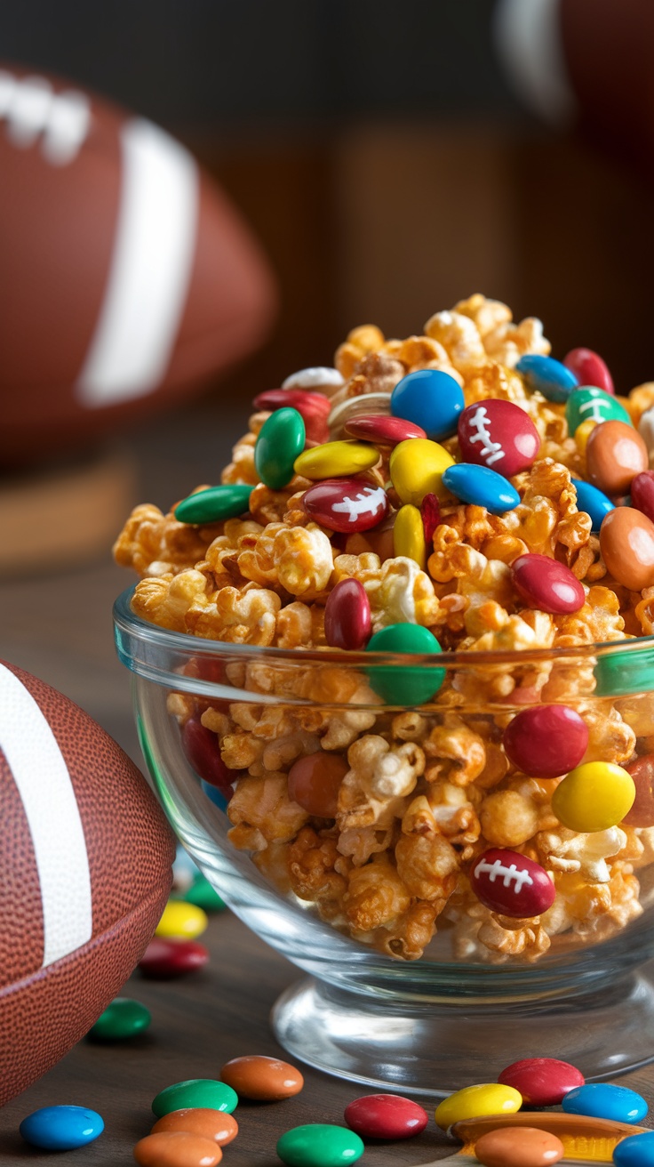 A bowl of colorful caramel popcorn mixed with candies, surrounded by footballs.