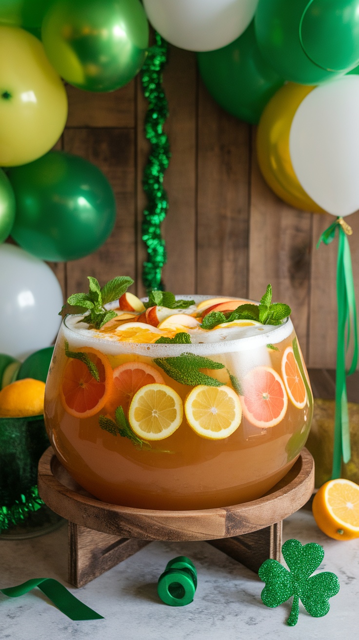 A vibrant bowl of Celtic Cider Punch with fruits and mint, surrounded by green and gold decorations.