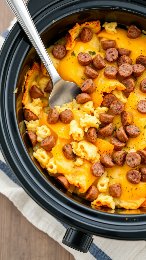 A hearty dish of cheesy sausage and hash brown casserole in a crockpot, topped with green onions.