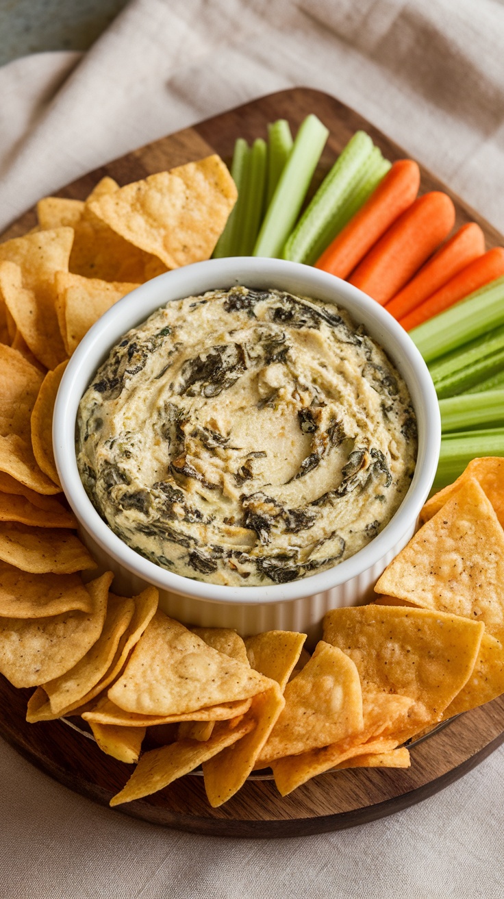 Cheesy Spinach and Artichoke Dip served with Tortilla Chips