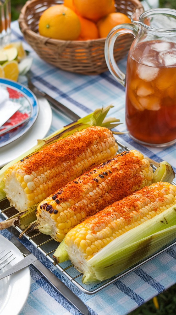 Grilled corn on the cob with chili powder and lime seasoning