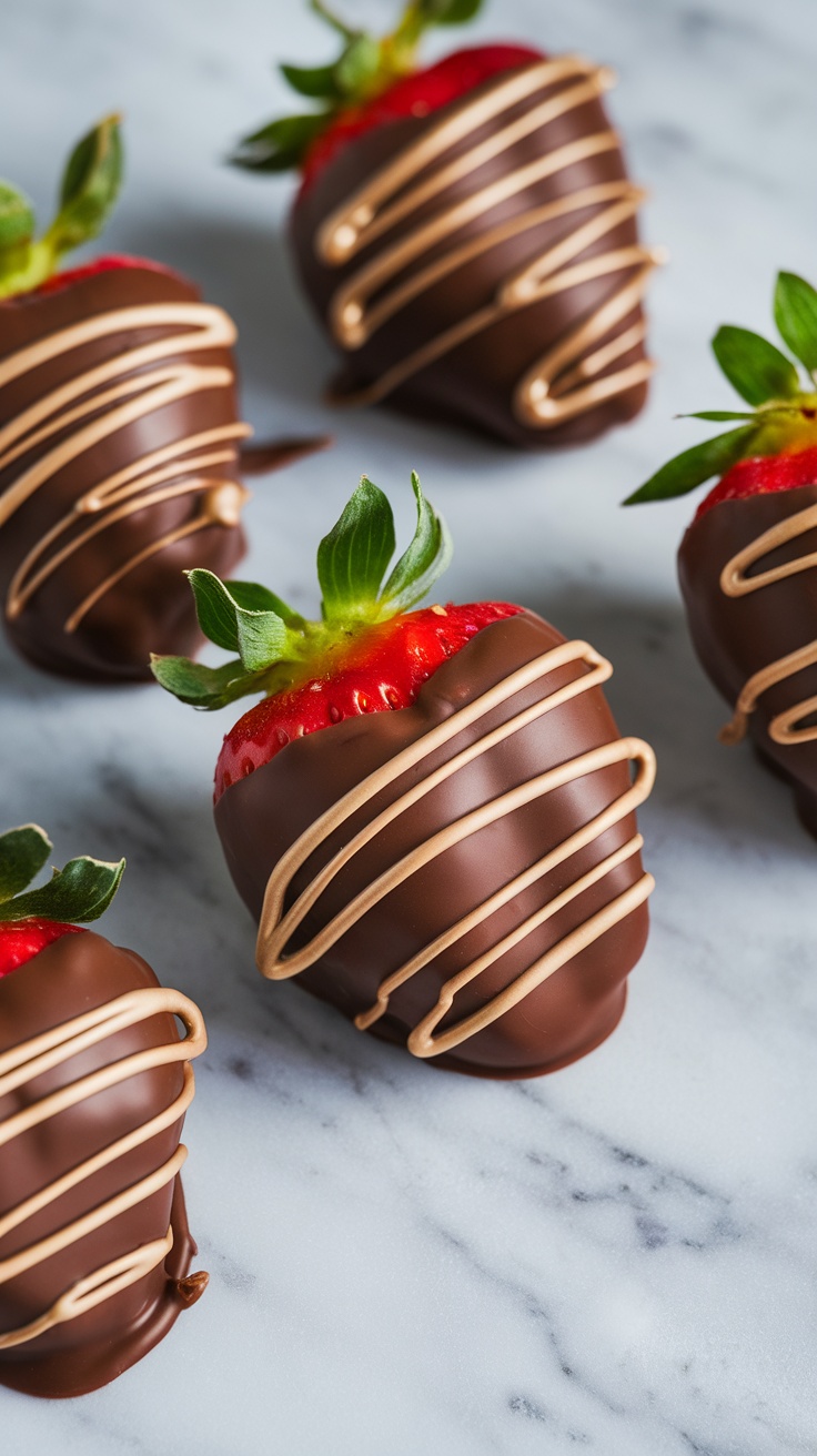 Chocolate-covered strawberries with a gold drizzle.