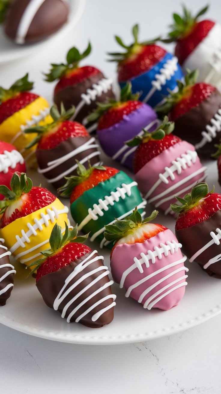 Chocolate dipped strawberries decorated in team colors for Super Bowl desserts.