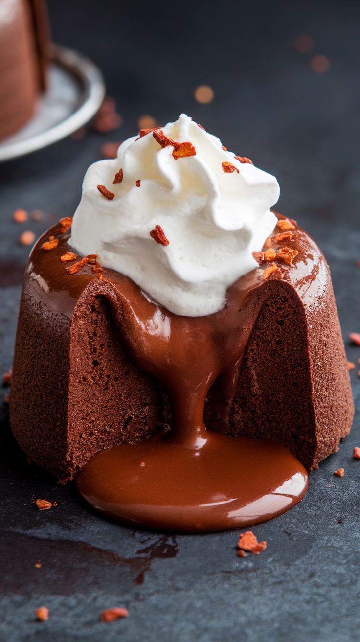 Delicious chocolate lava cake with a molten center and whipped cream topping