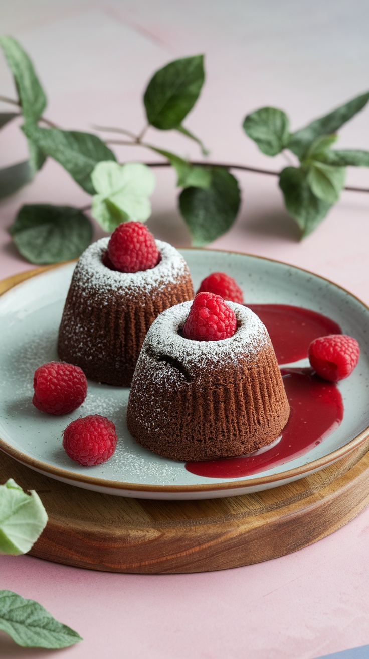 Delicious chocolate lava cakes topped with raspberries and dusted with powdered sugar on a plate.