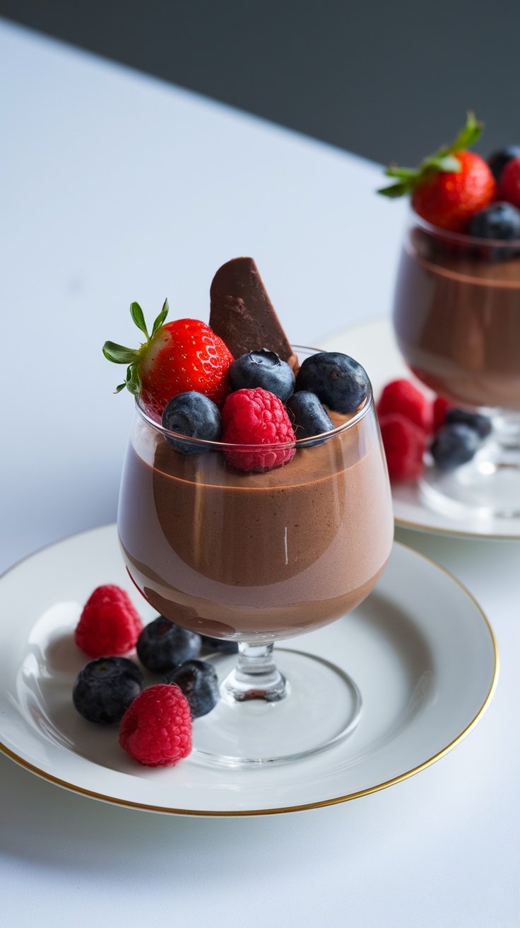 Delicious chocolate mousse topped with fresh berries, perfect for Valentine's Day.