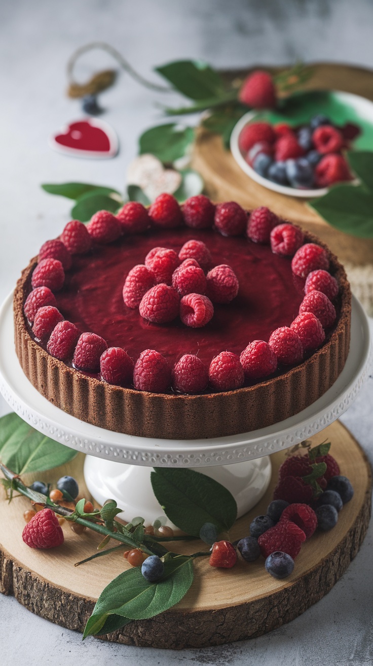 A beautifully presented chocolate raspberry tart with a nutty almond crust, topped with vibrant fresh raspberries.