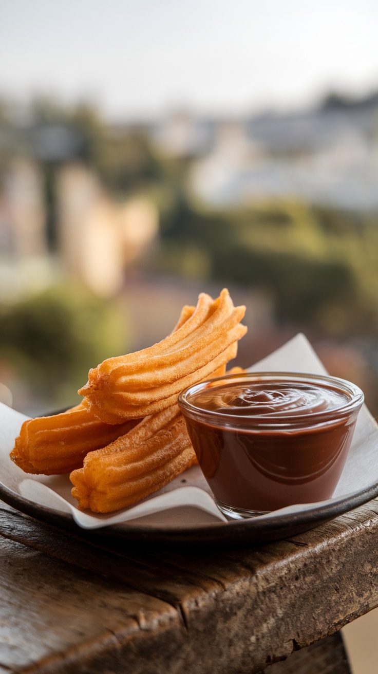 Churros served with chocolate dipping sauce