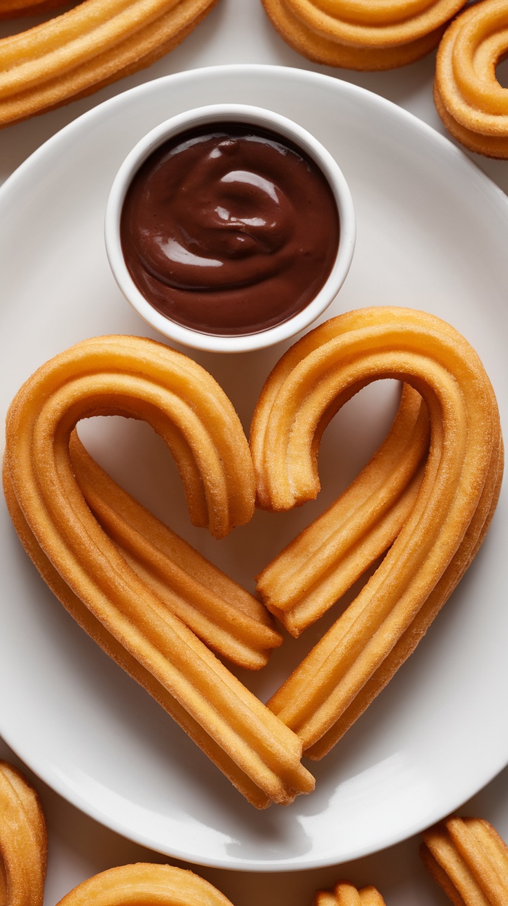 Delicious churros shaped like hearts with a bowl of spicy chocolate sauce