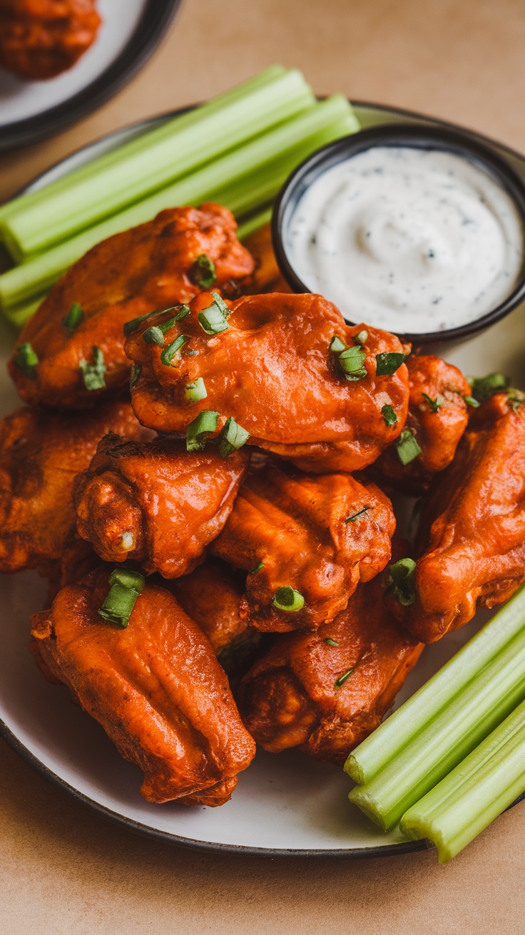 Plate of spicy buffalo wings with celery sticks and a side of ranch dressing