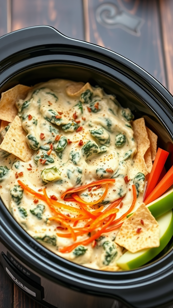 A creamy spinach and artichoke dip served in a crockpot, surrounded by tortilla chips and veggies.