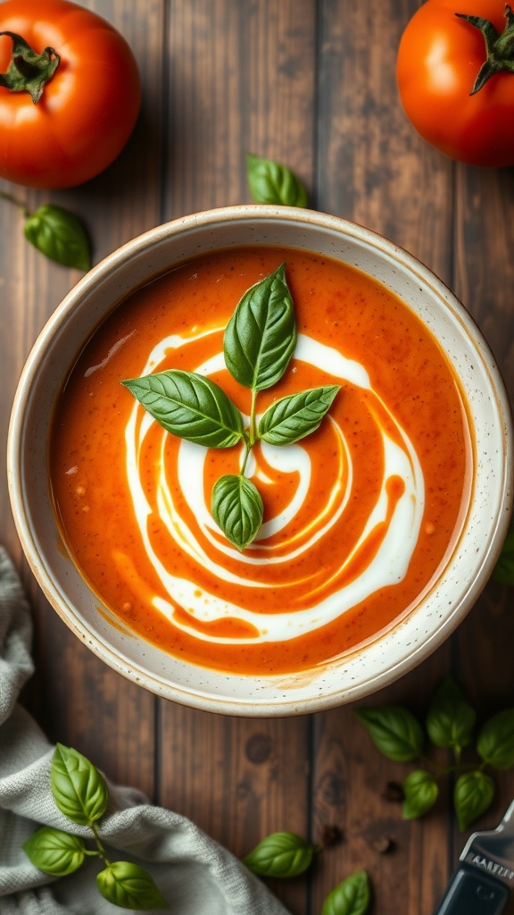 A bowl of creamy tomato basil soup garnished with basil leaves, surrounded by tomatoes and fresh basil.