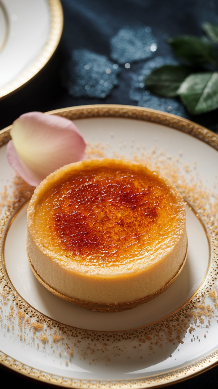 Delicious Crème Brûlée topped with caramelized sugar and a rose petal, served on an elegant plate.