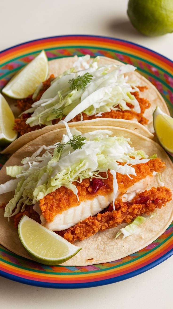 Crispy fish tacos with cabbage slaw, garnished with lime wedges