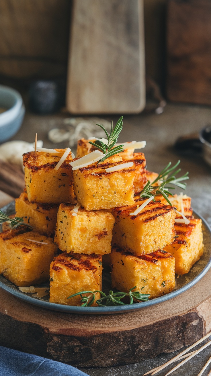 Crispy grilled polenta bites stacked on a plate garnished with herbs.