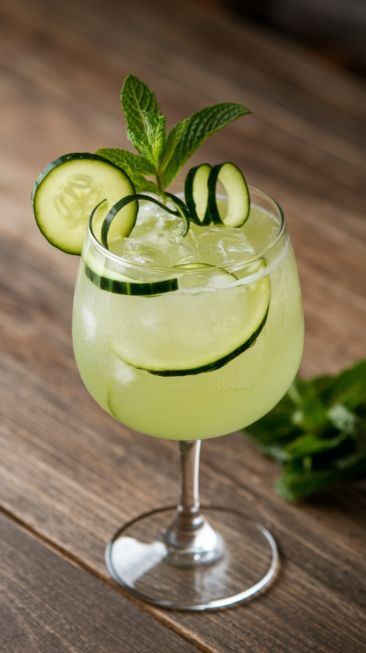 A refreshing Cucumber and Mint Gimlet cocktail garnished with cucumber slices and mint leaves.