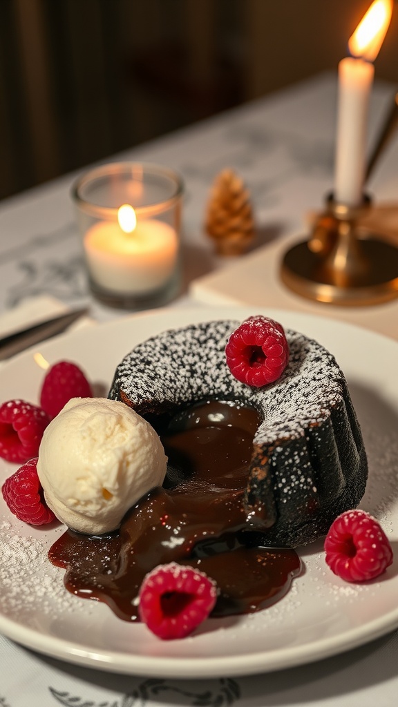 A plate of chocolate lava cake with raspberries and ice cream on a romantic table setting.