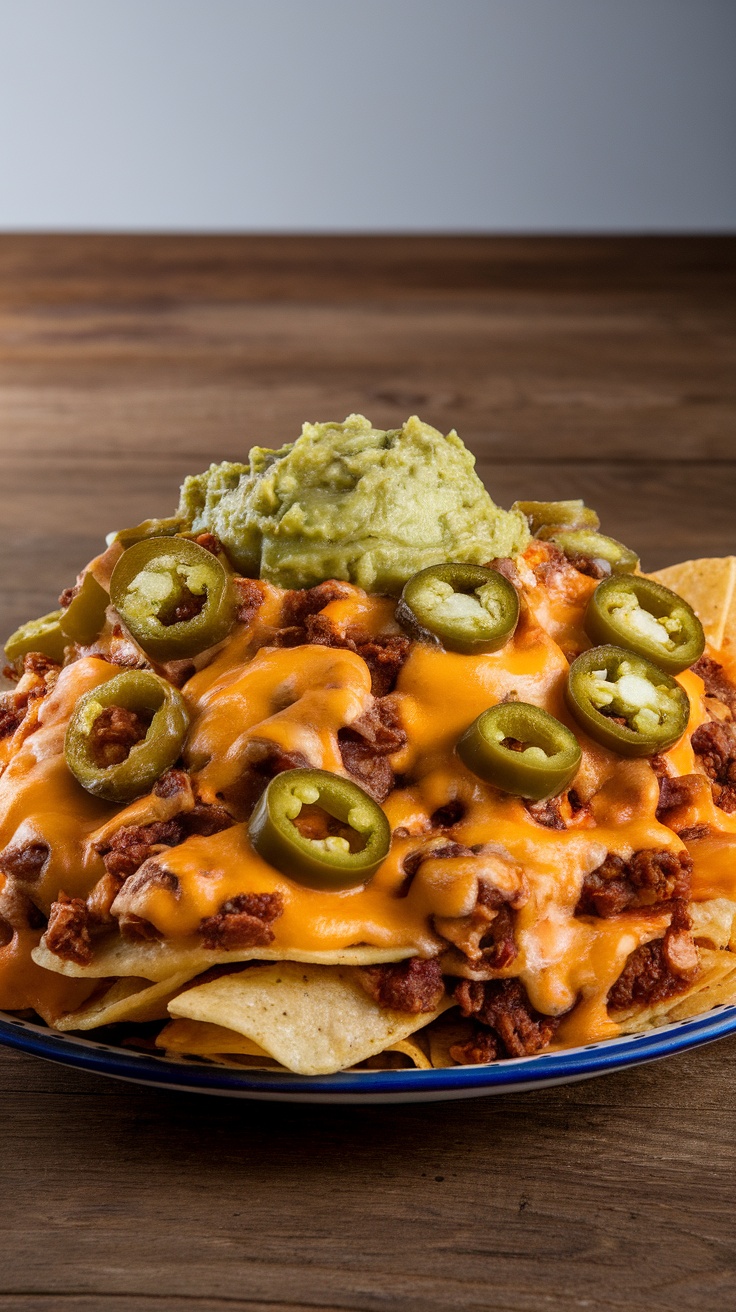 A plate of loaded nachos topped with cheese, jalapeños, and guacamole.