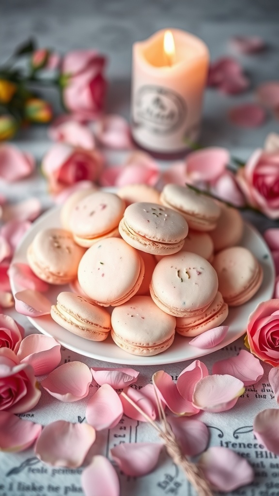 A plate of delicate rosewater macarons surrounded by rose petals and a candle.