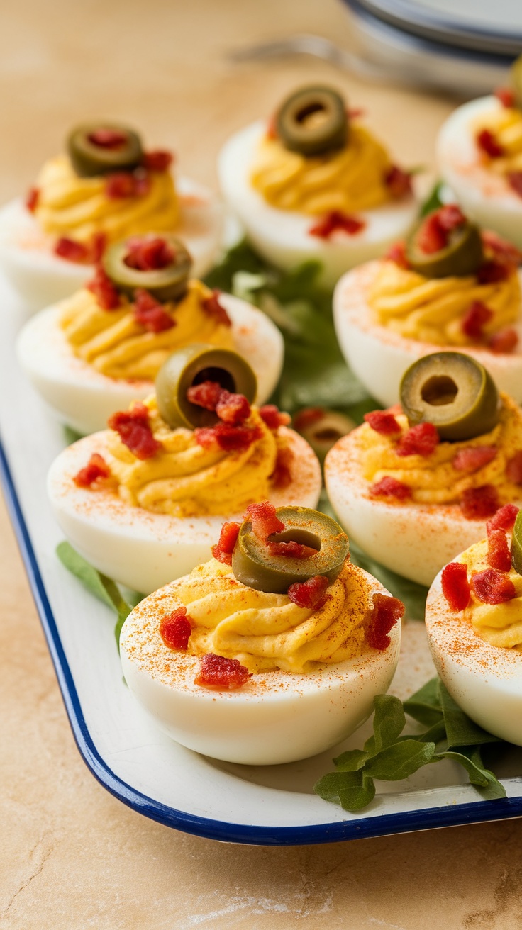 Deviled eggs topped with bacon and olives