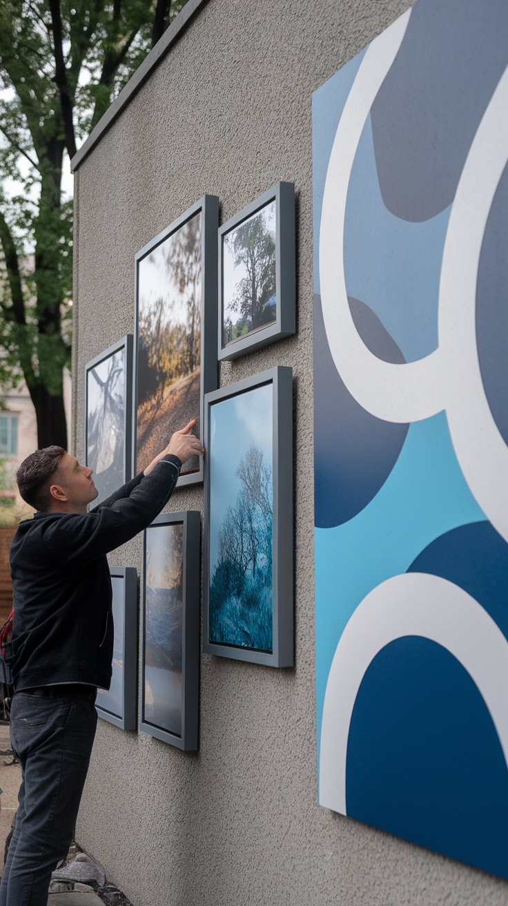 Person arranging framed pictures on an outdoor wall