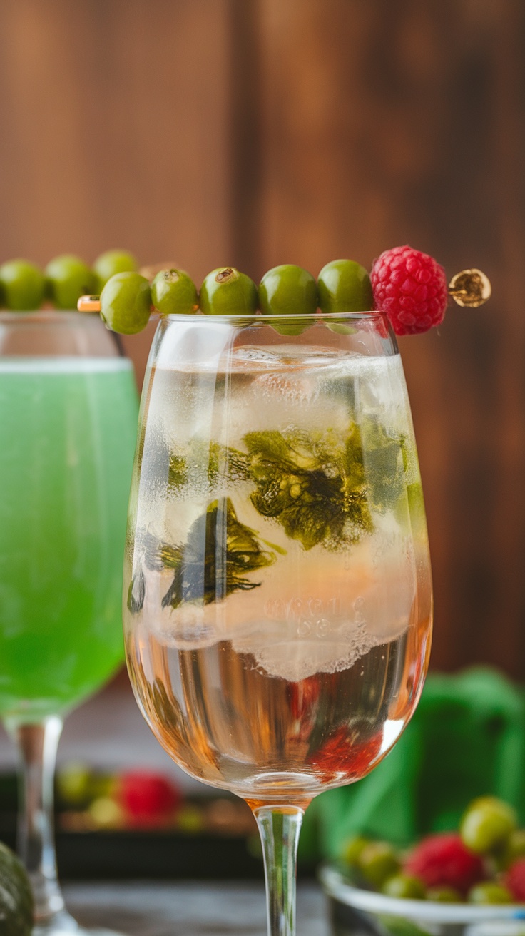 A close-up of a refreshing Emerald Isle Spritz cocktail with green olives and raspberries.