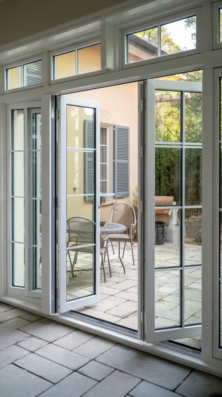 A view of an open folding-window pass-through leading to an outdoor seating area.