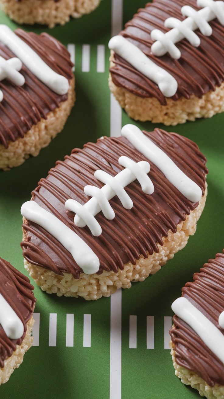 Football-shaped Rice Krispie treats decorated with chocolate and icing.