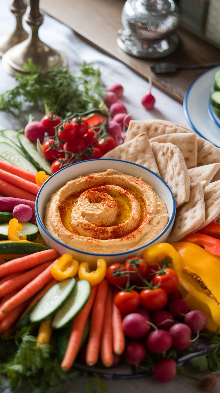 Fresh veggie tray with colorful vegetables and hummus