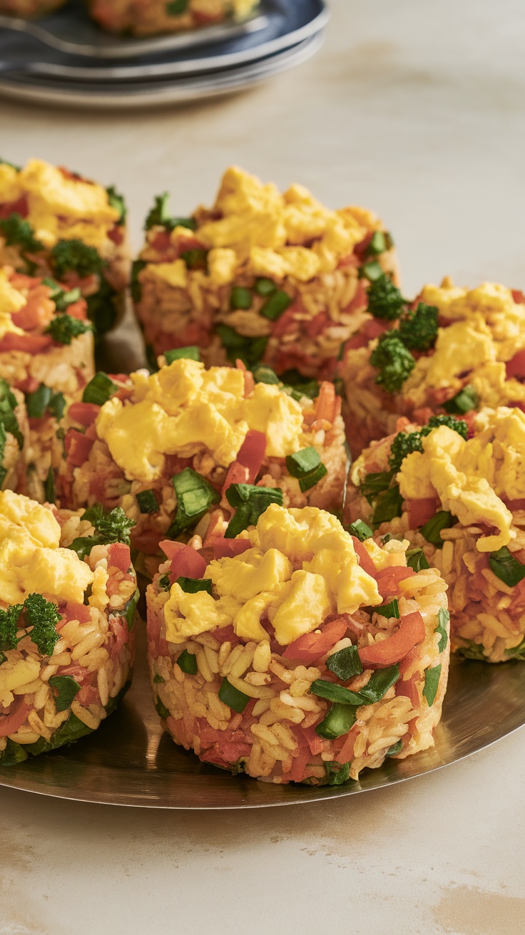 Colorful fried rice cups topped with scrambled eggs and vegetables.