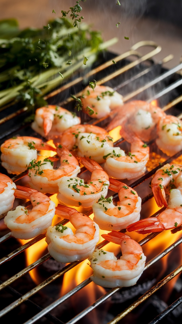 Grilled garlic butter shrimp skewers on the grill