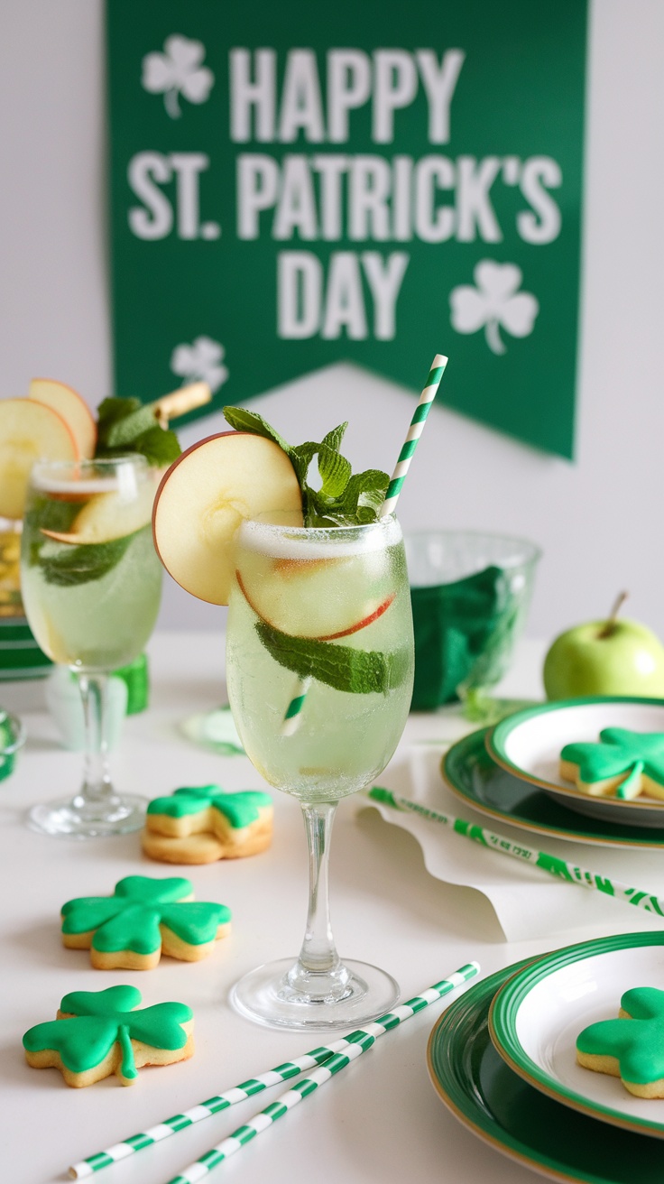 A refreshing Green Apple Fizz cocktail, garnished with mint and apple slices, alongside St. Patrick's Day themed cookies and decorations.