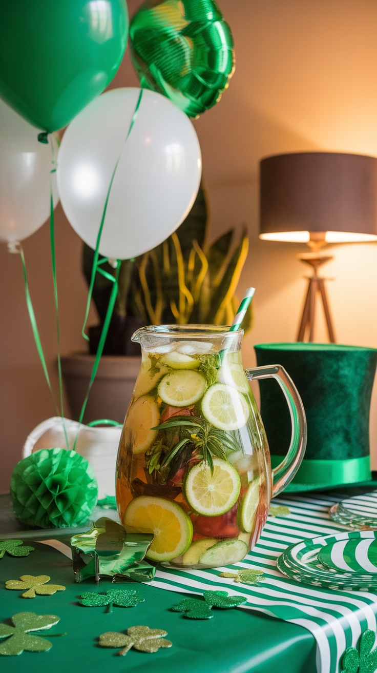 A pitcher of Green Tea Sangria with fruits and green decorations for St. Patrick's Day.