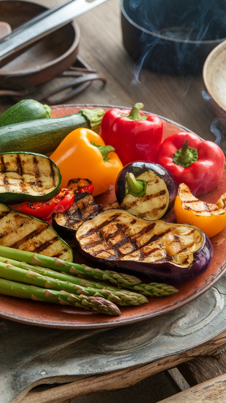 Grilled vegetables on a plate with grill marks