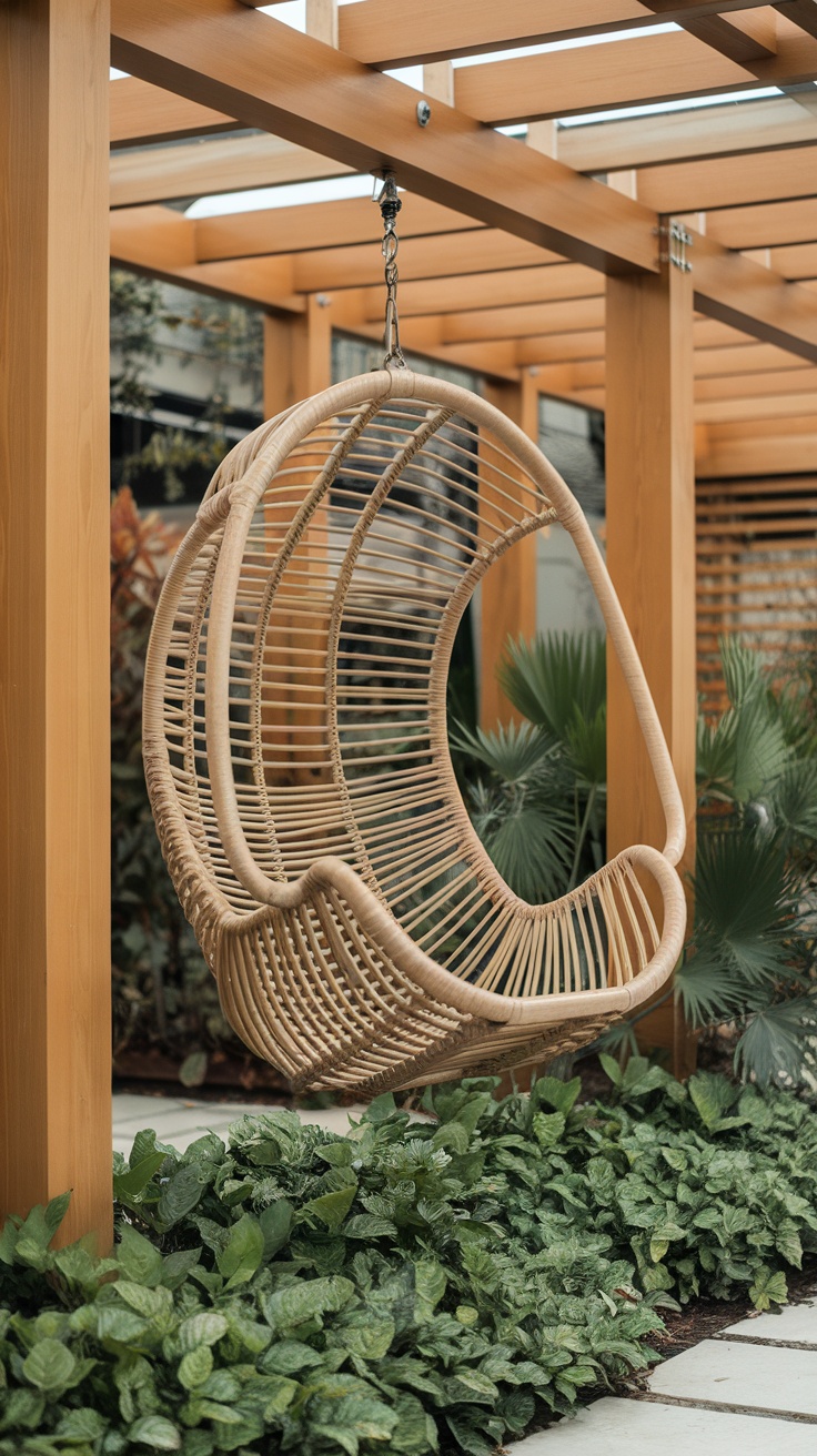 A stylish hanging chair surrounded by greenery in an outdoor setting.