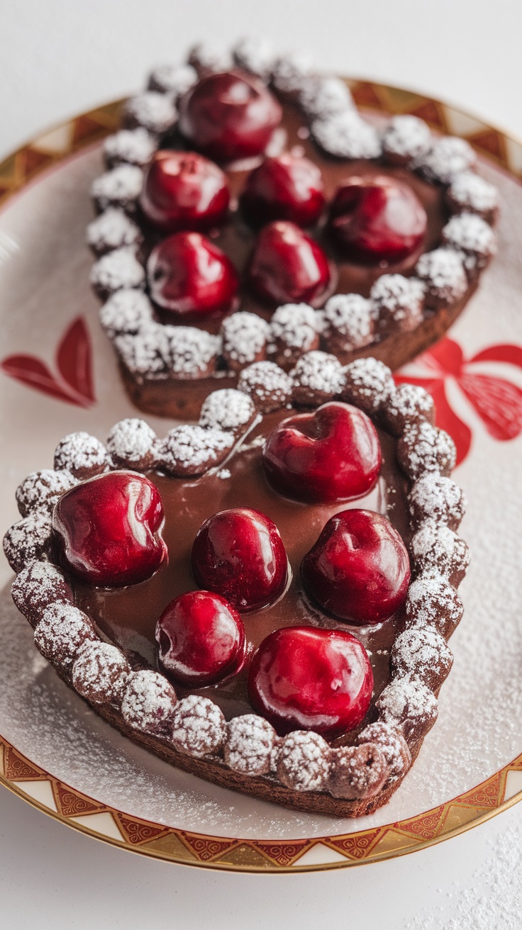 Delicious heart-shaped chocolate pies filled with cherry and topped with powdered sugar