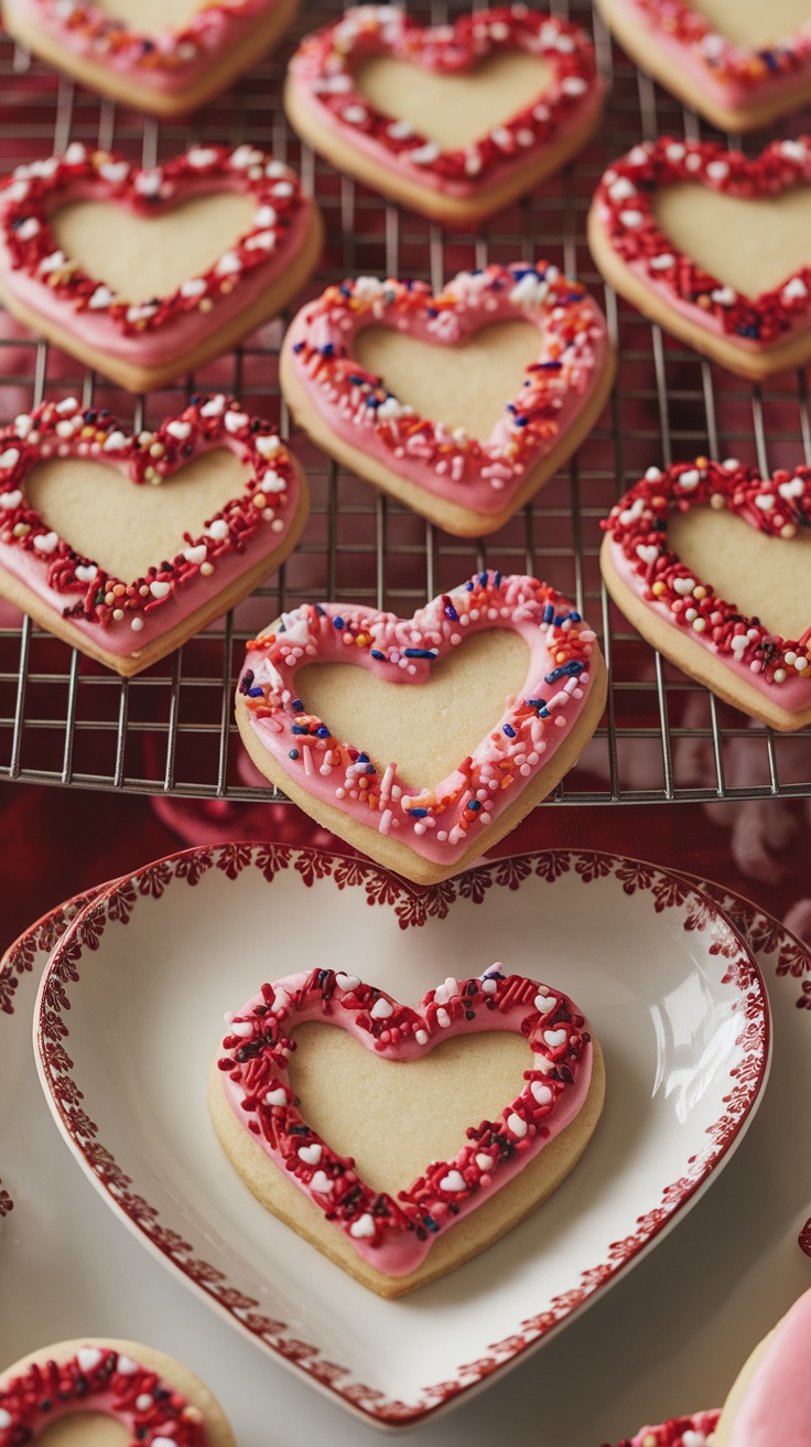 Decorated heart-shaped sugar cookies with colorful icing and sprinkles.