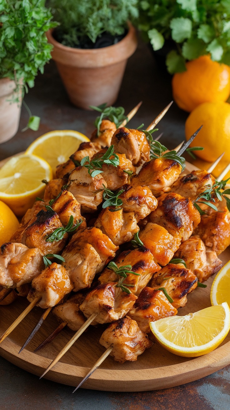 Delicious herbed citrus chicken skewers served with fresh lemon slices.