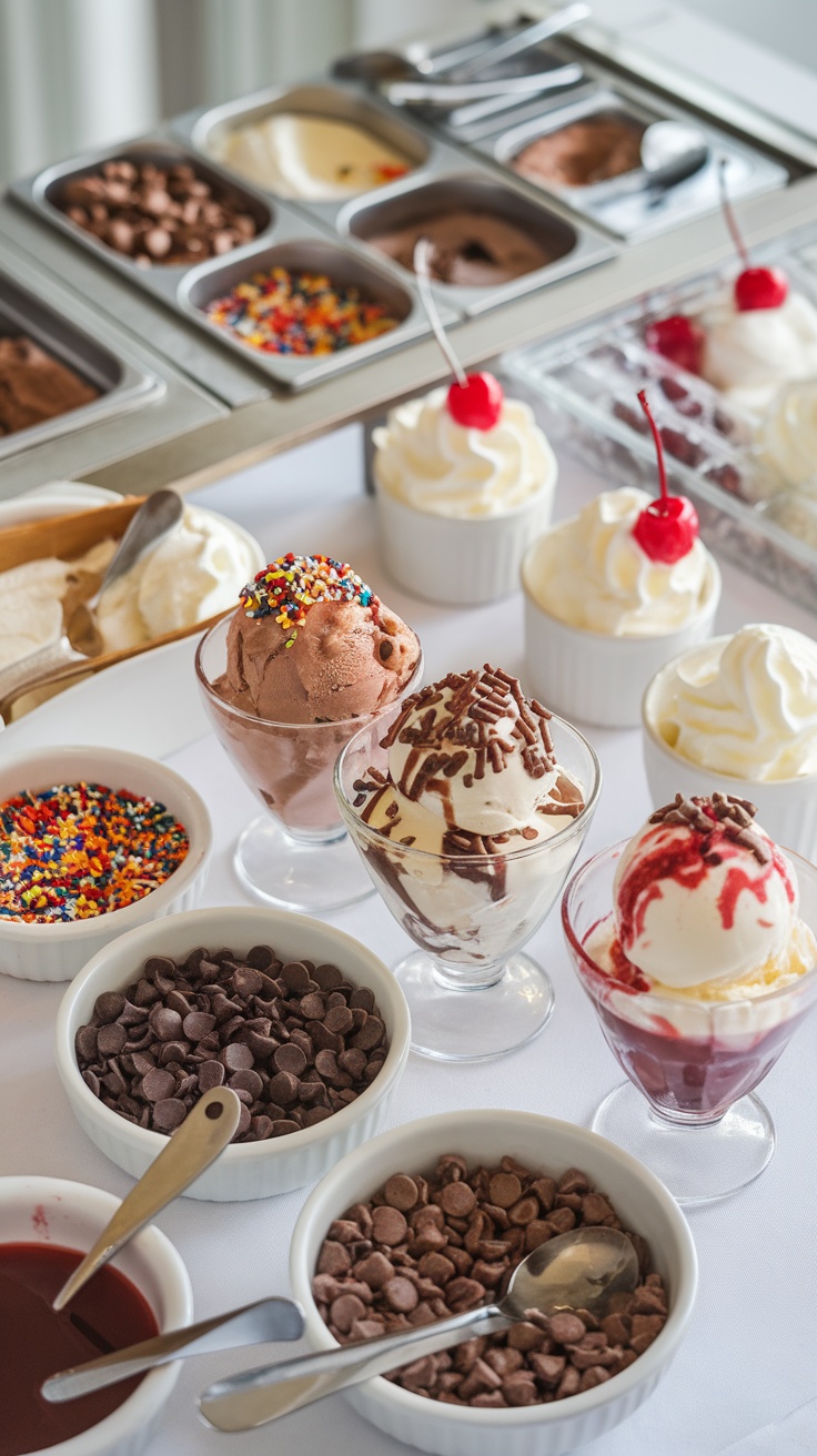 Ice cream sundae bar setup with various toppings and ice cream flavors.