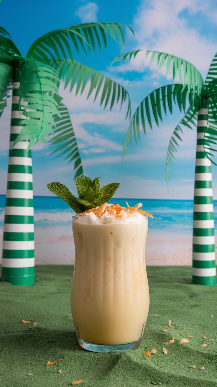 A refreshing Irish Cream Colada cocktail garnished with mint, set against a tropical beach background.