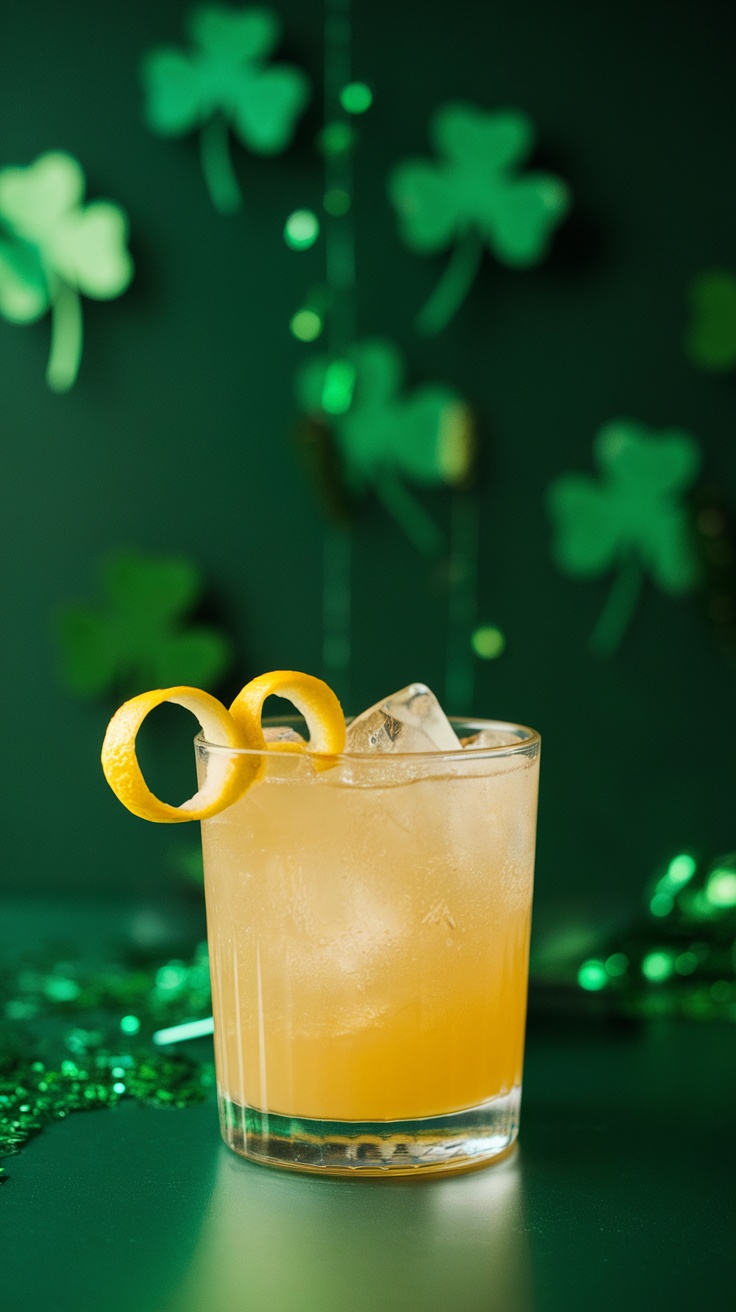 A vibrant Irish Whiskey Sour cocktail garnished with lemon twists, set against a green background adorned with shamrocks.