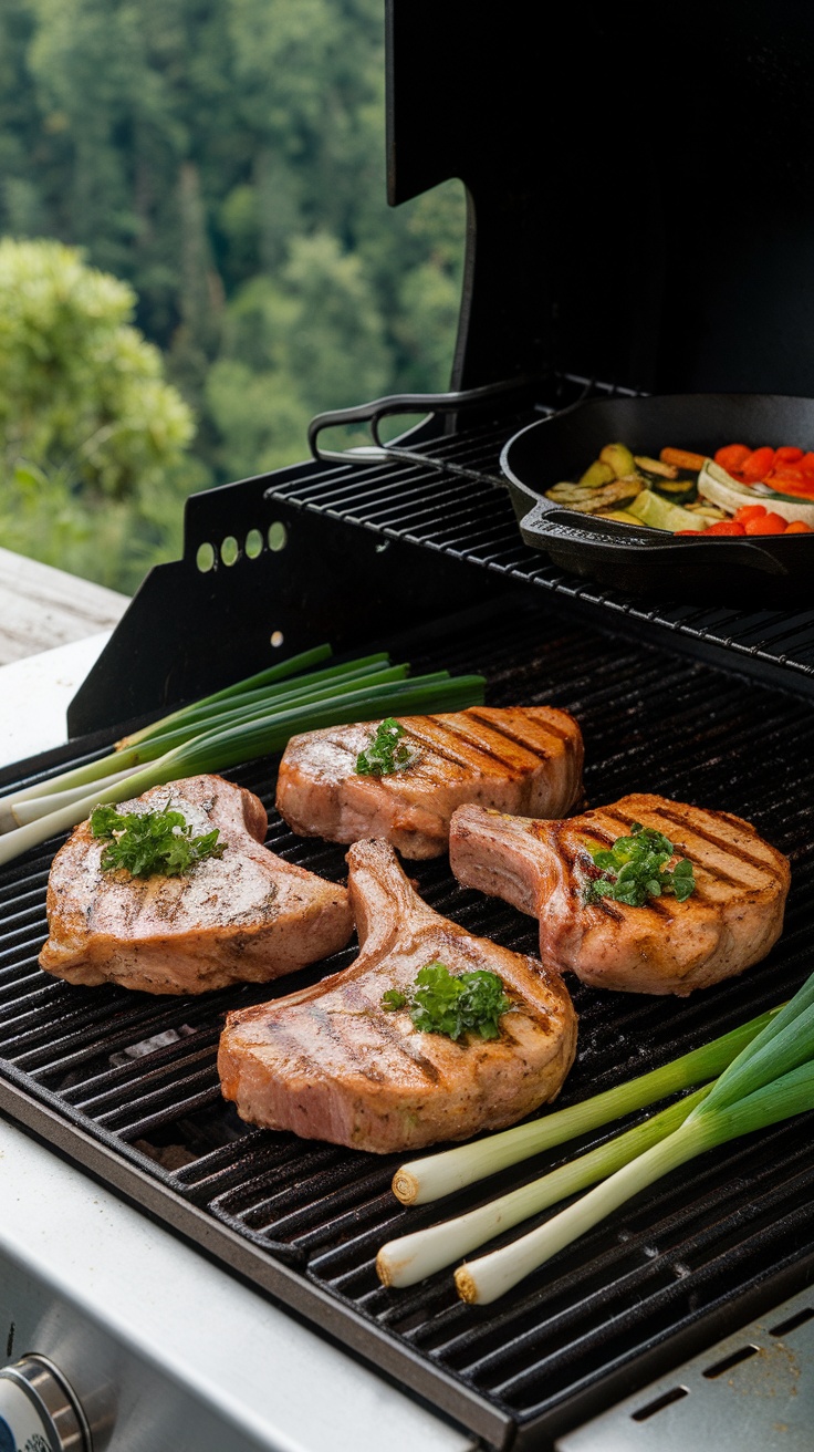 Lemon Herb Grilled Pork Chops on the grill with green onions