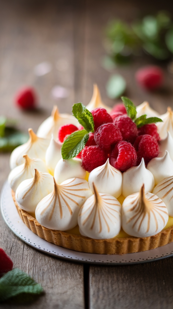 A beautifully arranged lemon meringue tart with raspberries on top.