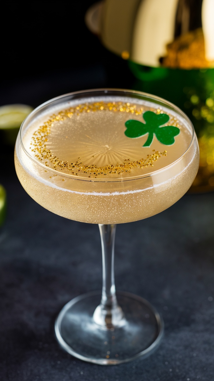 A sparkling cocktail in a martini glass with a shamrock decoration and gold sprinkles.