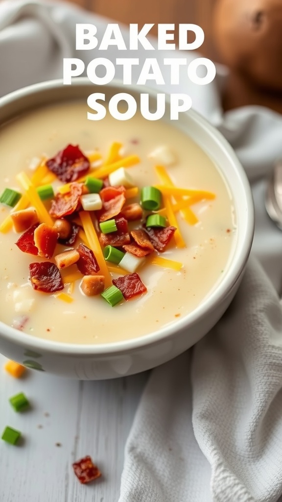 Creamy loaded baked potato soup with toppings.