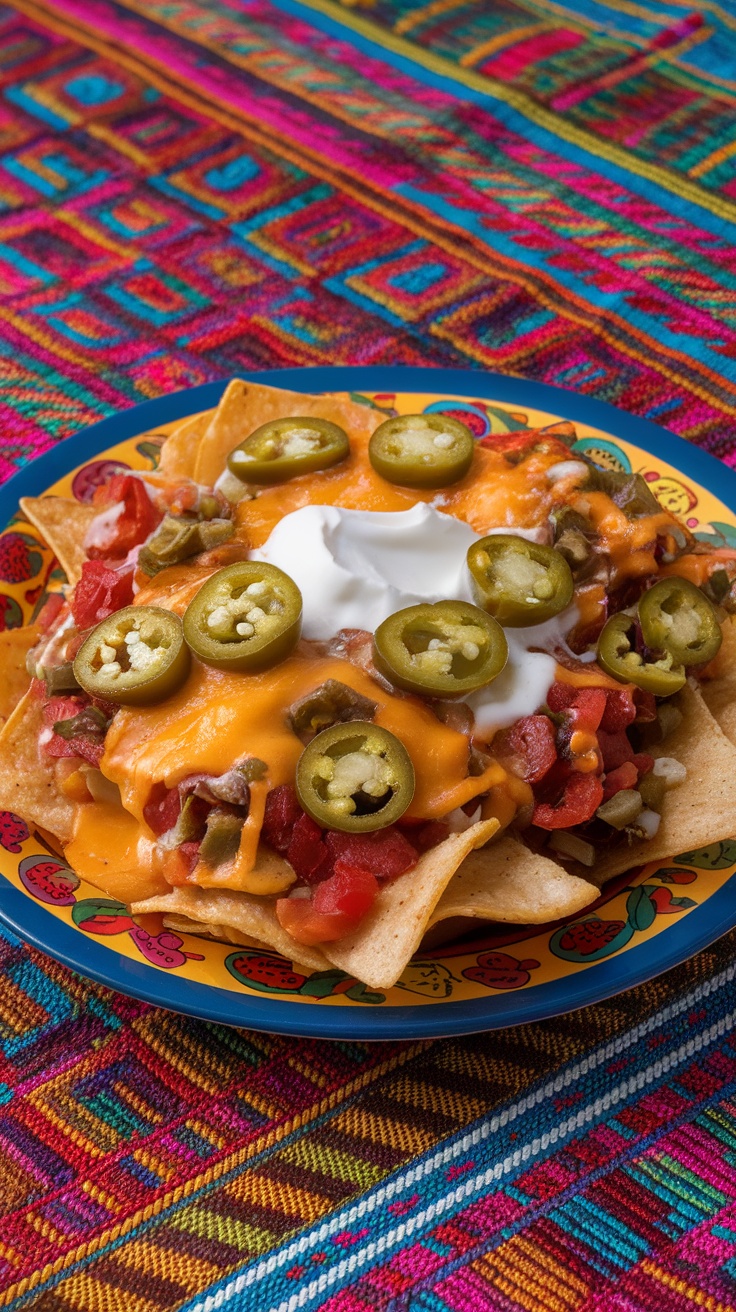 A plate of loaded nachos topped with cheese, jalapeños, and sour cream.