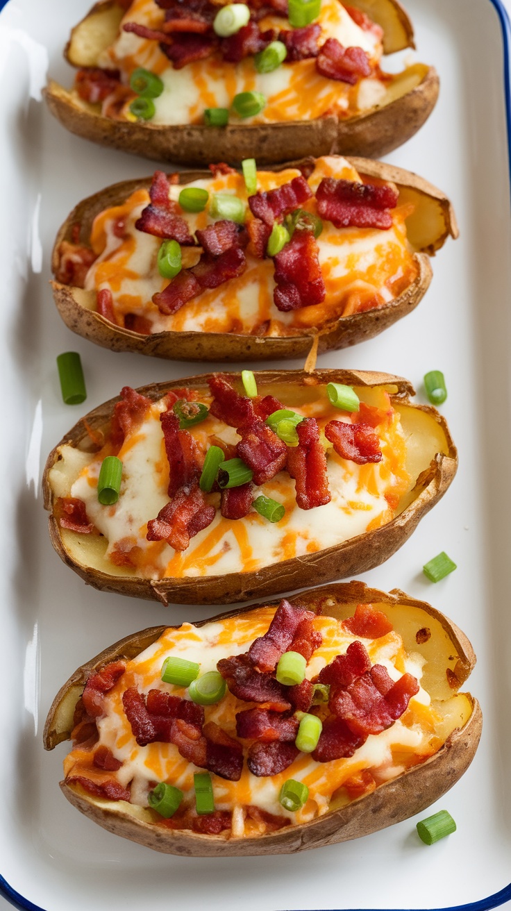 Delicious loaded potato skins topped with cheese, bacon, and green onions