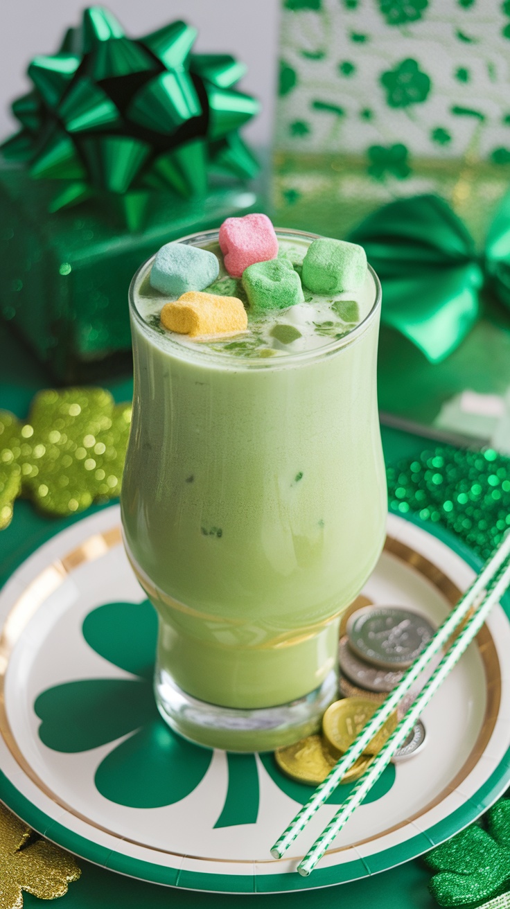 A Lucky Charms Cocktail garnished with colorful marshmallows, set against a festive background.