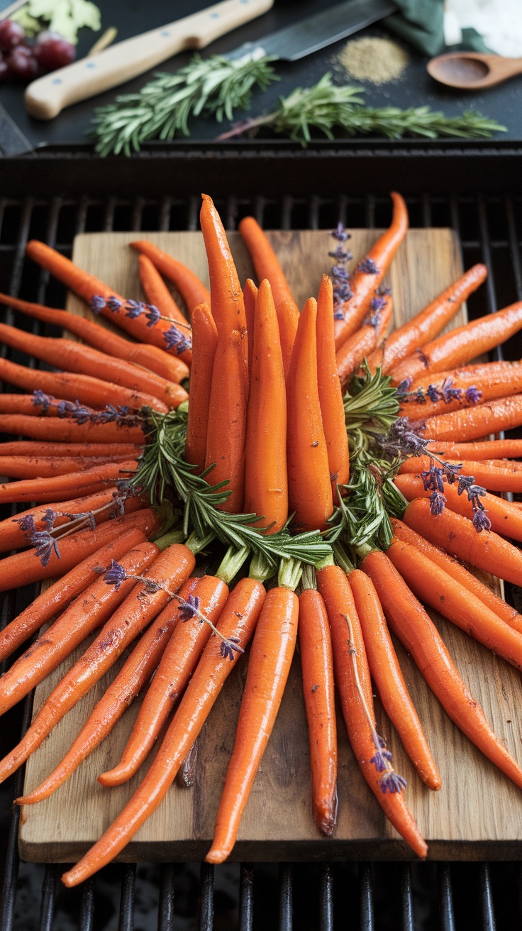 Maple glazed carrots arranged beautifully on a grill